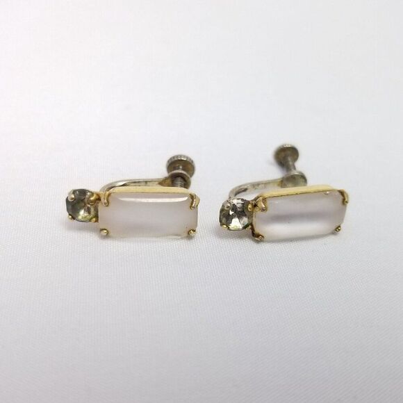 Vintage Sterling Silver Rectangle Rhinestone Clip On Screw Back Earrings, Gold - Picture 2 of 8